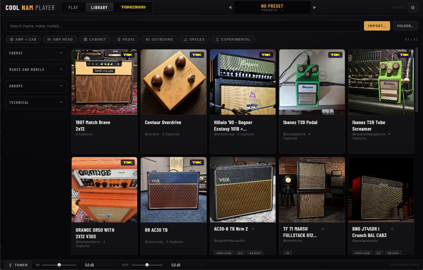 Library view — captures grouped by rig with filters