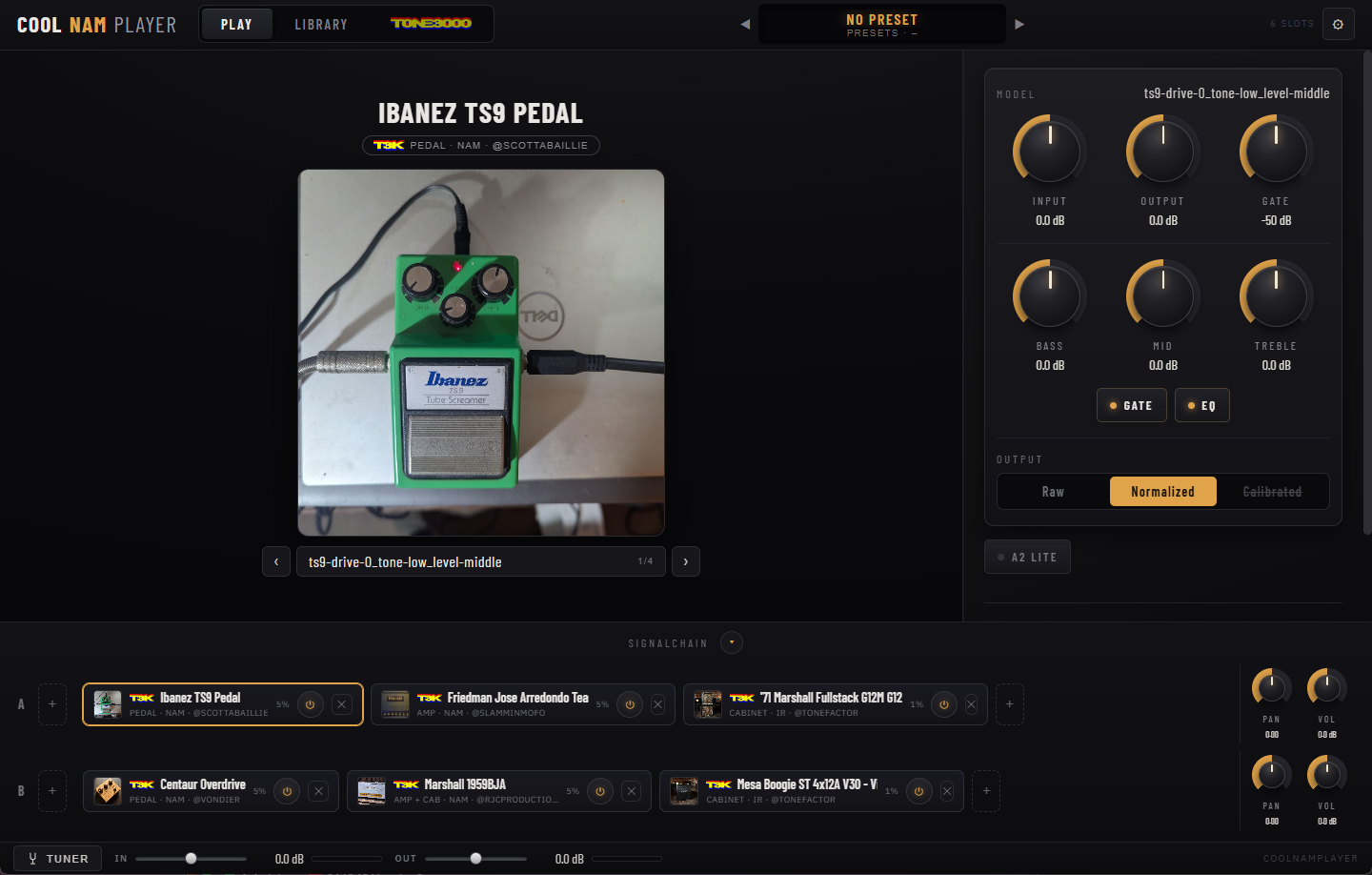 Cool NAM Player — Play view with a loaded amp capture, per-slot knobs and output modes