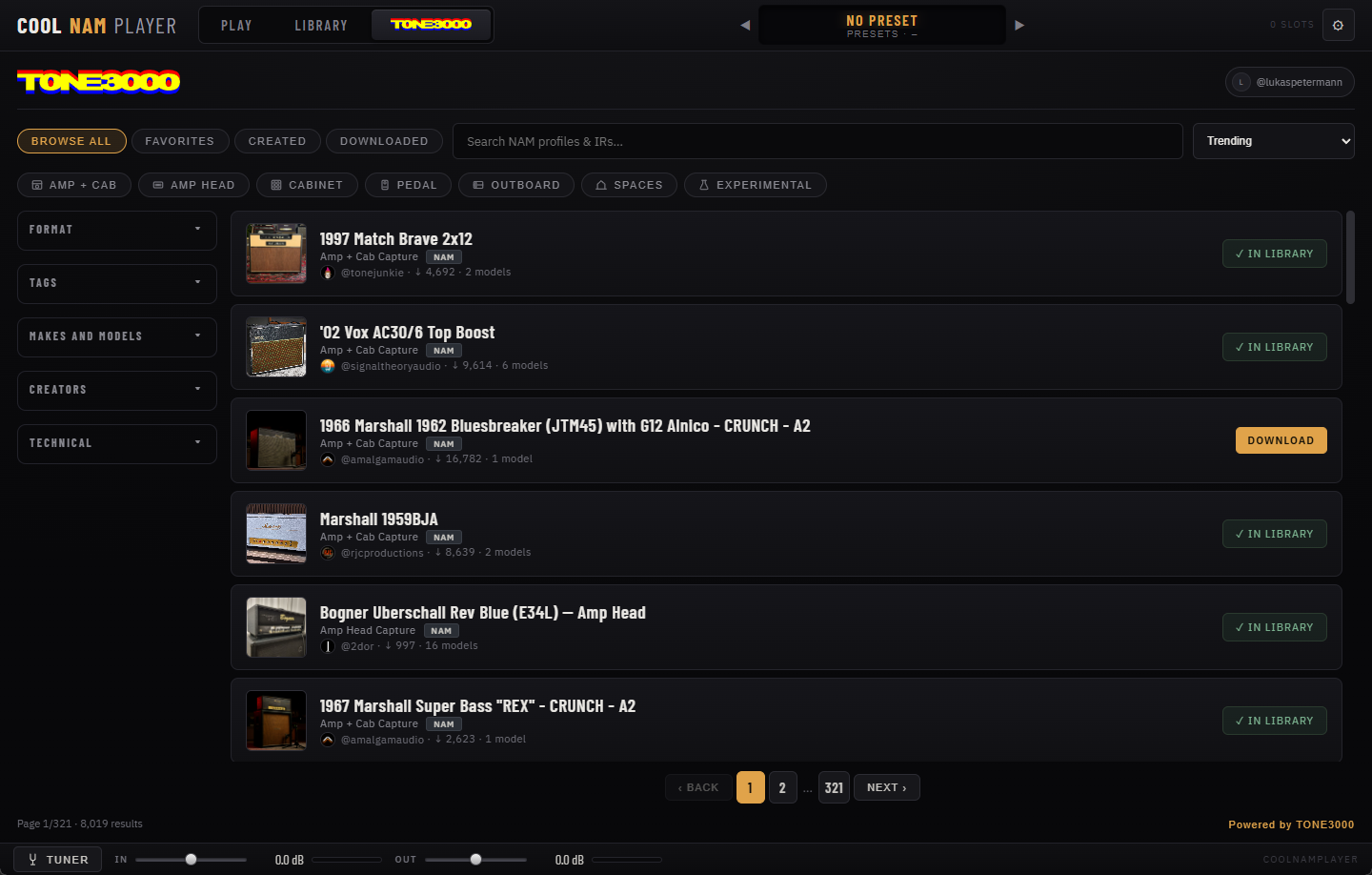 TONE3000 view — searching and downloading community captures